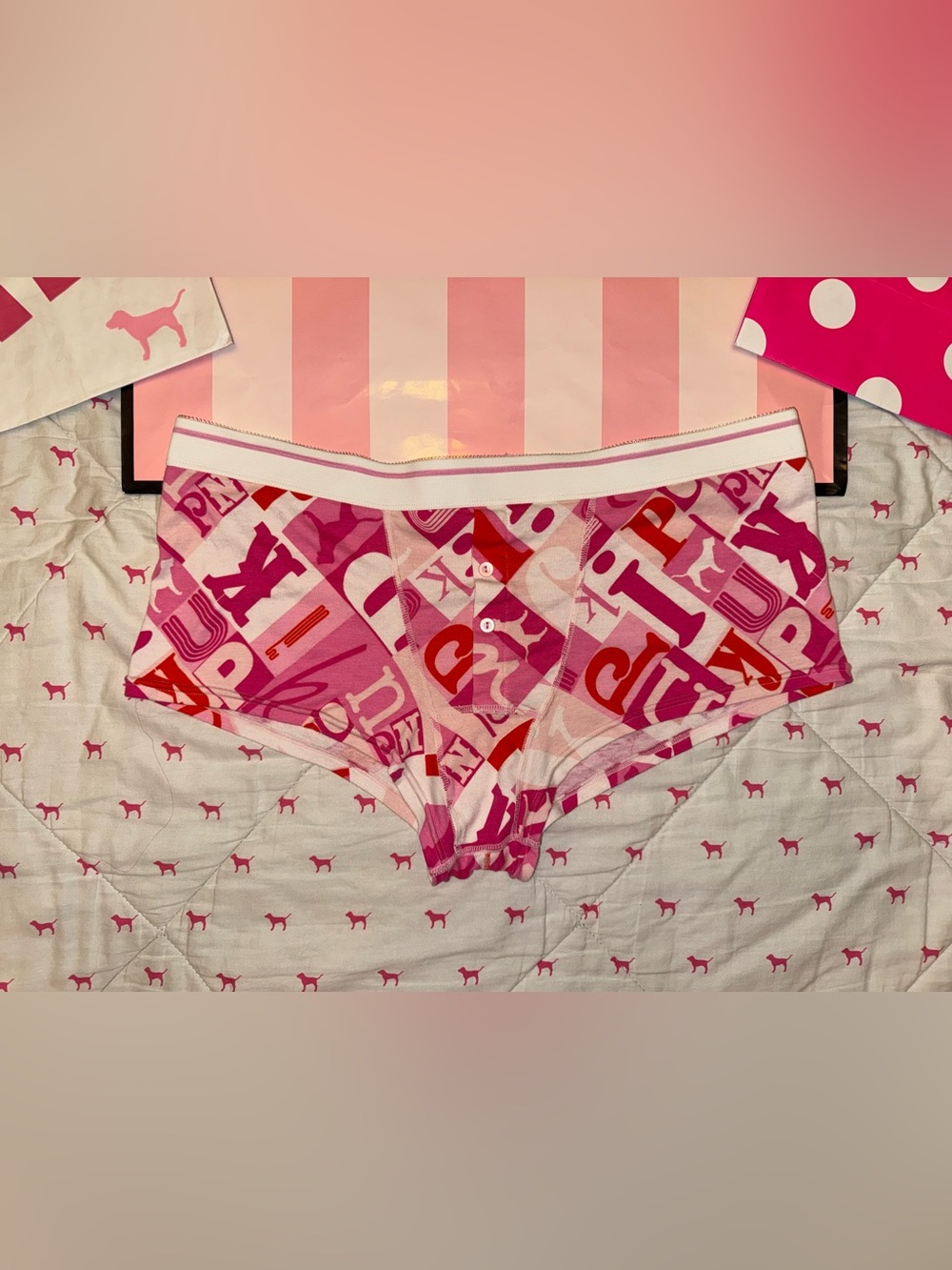 VS PINK VINTAGE Y2K 100% COTTON BOXER SHORTS BOYSHORTS ALL OVER DOG PUP LOGO HTF